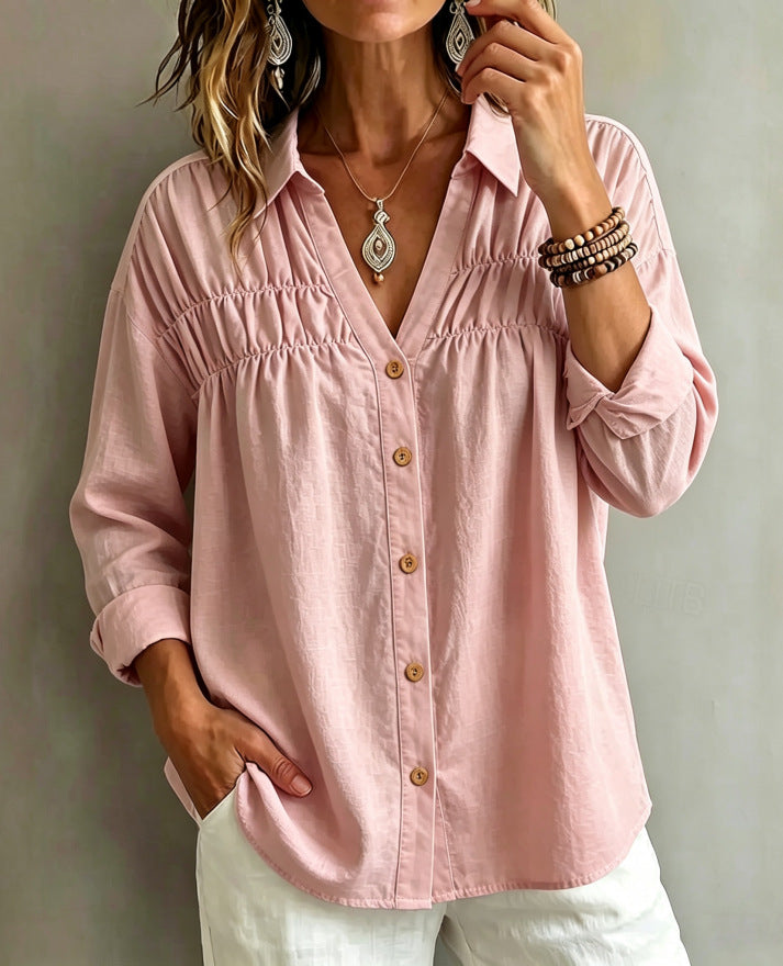 Loose-fit Casual Long-sleeve V-neck Womens Blouse With Buttons