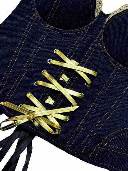 Fashionable Denim Lace-Up Drawstring Fishbone Corset Lace Camisole Versatile Slim-Fit Flattering Backless Top With Chest Pads For Outerwear