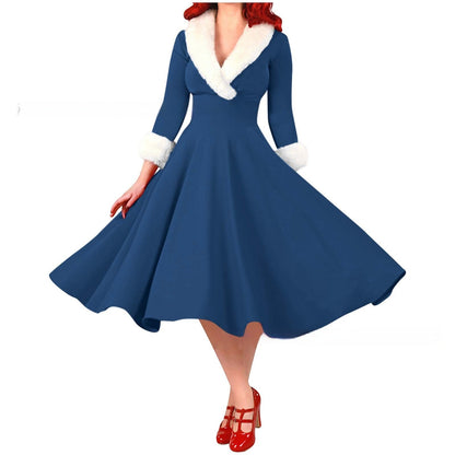 Women's Clothing Fashion Long Sleeve Fur Collar Slim Fit Dress