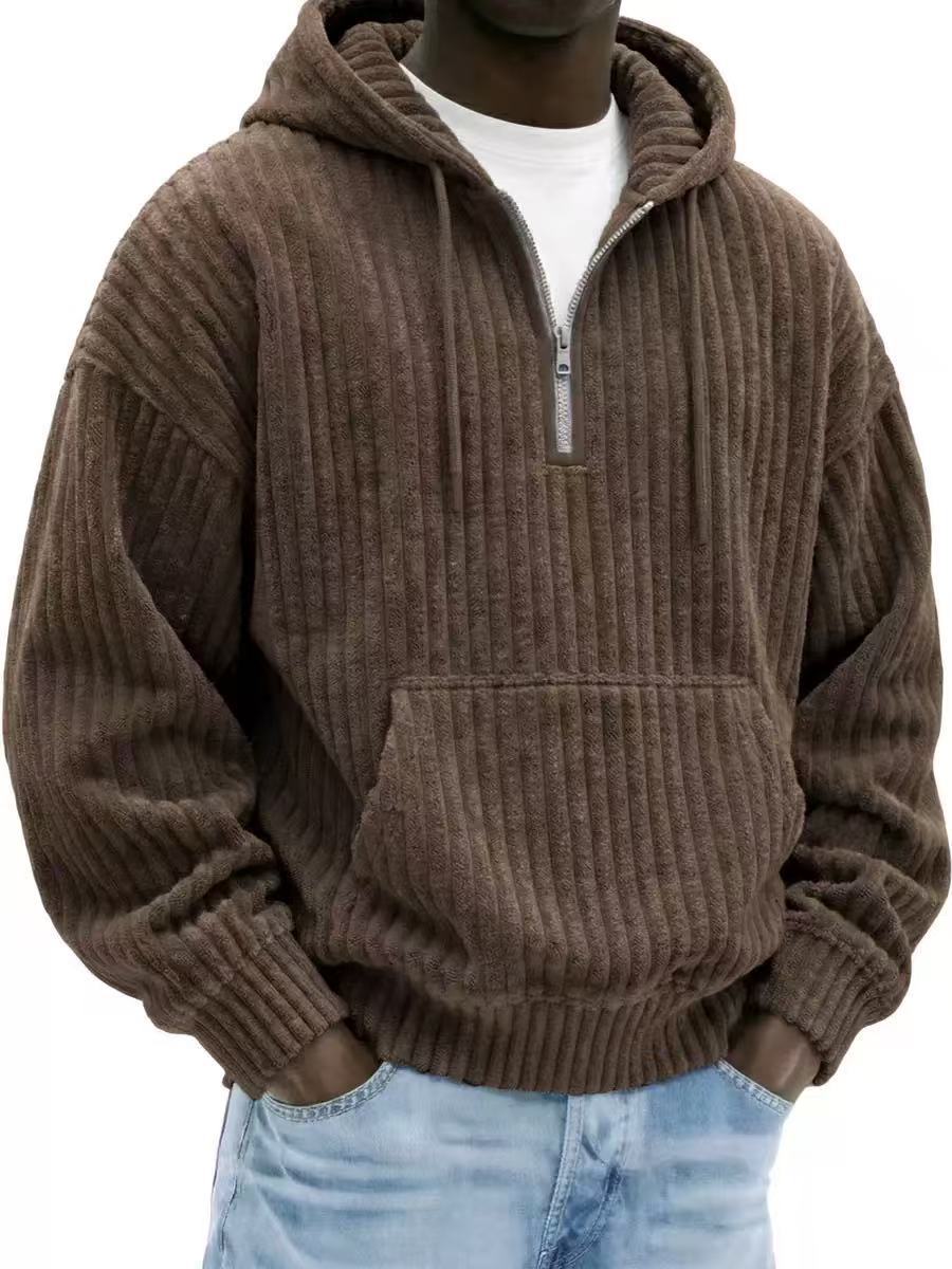 Solid-color Loose-fitting Corduroy Mens Hoodie