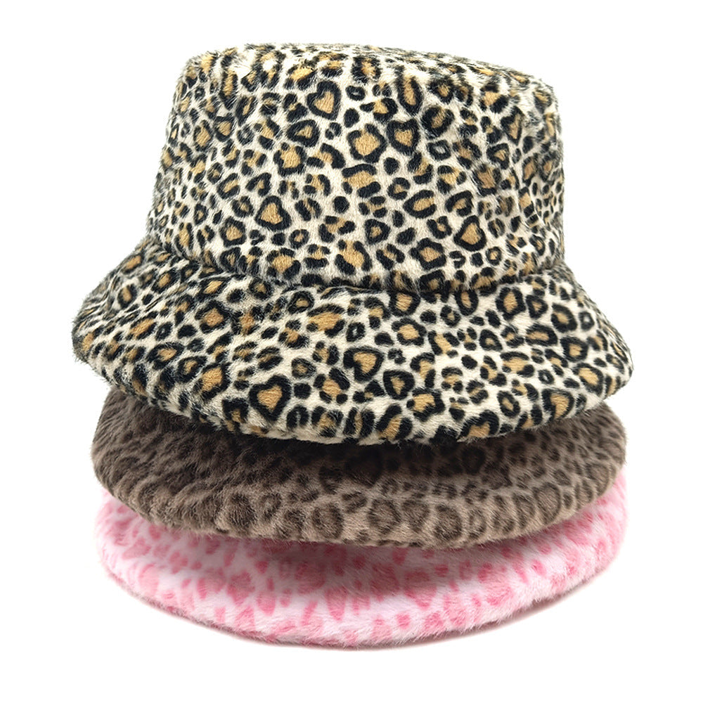 Trendy And Fashionable Leopard-print Boater Hat For Outdoor Use In Autumn And Winter, Featuring Multi-color Matching Plush Brim Hat