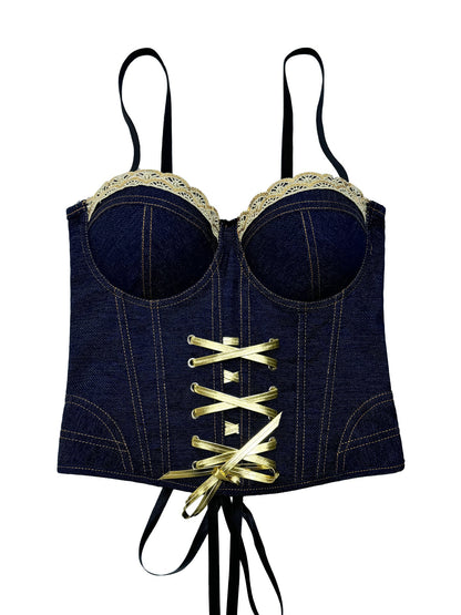 Fashionable Denim Lace-Up Drawstring Fishbone Corset Lace Camisole Versatile Slim-Fit Flattering Backless Top With Chest Pads For Outerwear