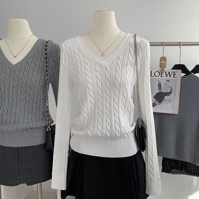 V-neck Sweater Womens Preppy-Style Long-Sleeve Minimalist Knit Top