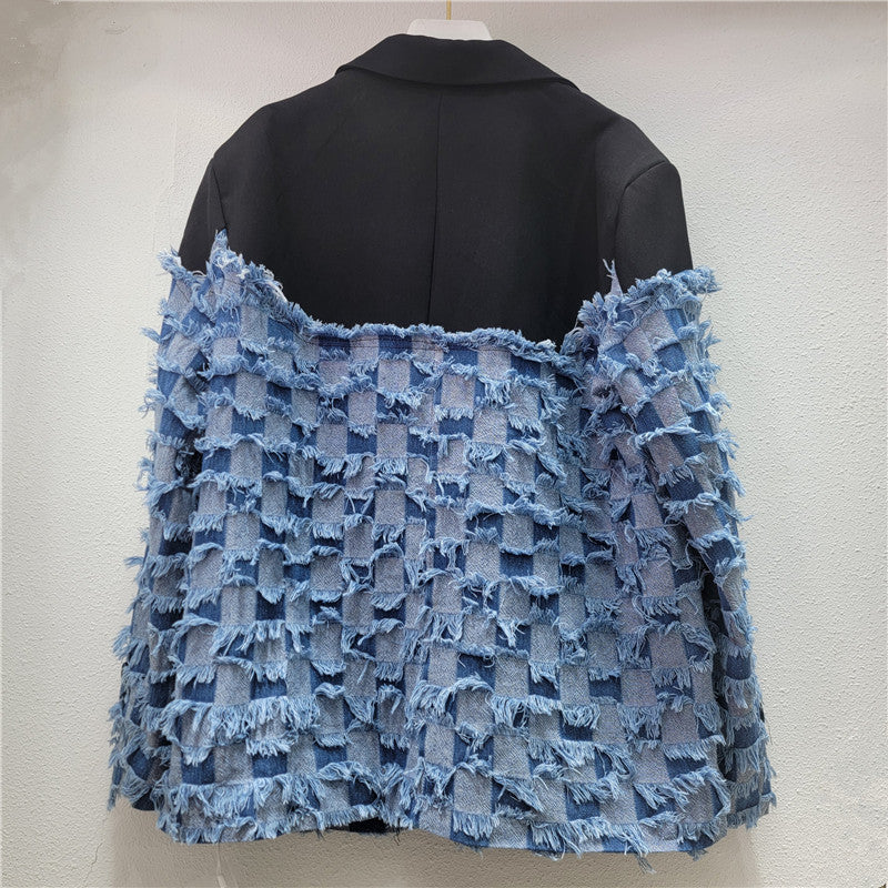 Stylish Tassel Denim Patchwork Blazer For Women