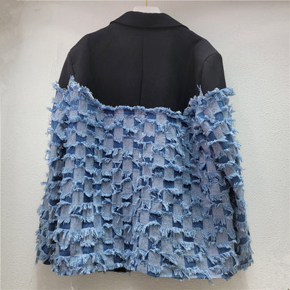 Stylish Tassel Denim Patchwork Blazer For Women