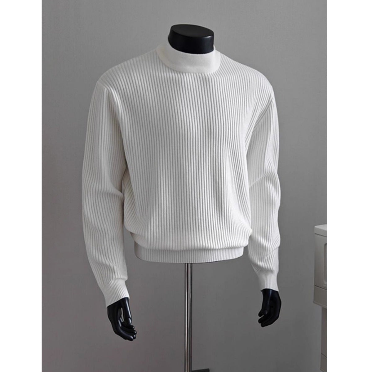Mens White Ribbed Turtleneck Sweater Knitted Top