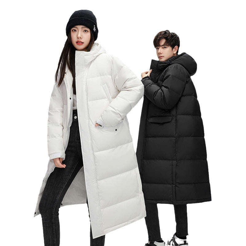 Mens Long Winter White Duck Down Hooded Coat That Goes Below The Knee