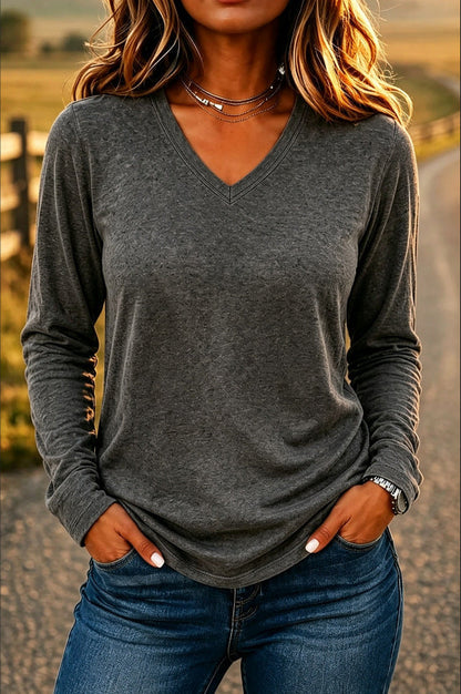 Leisure Pullover V-neck Solid Color Loose Long Sleeves T-shirt