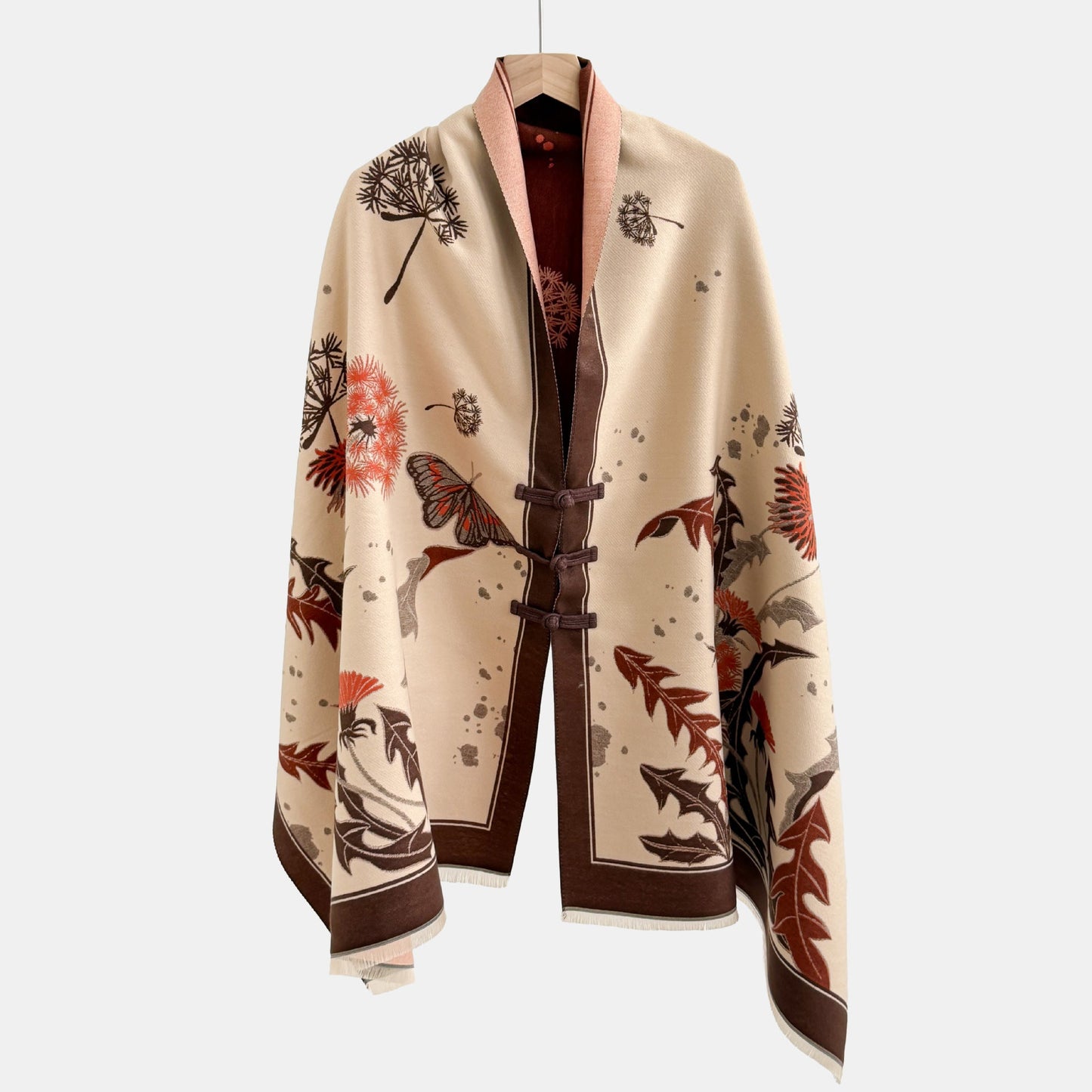 Vintage Knot-button Outerwear Jacquard Shawl