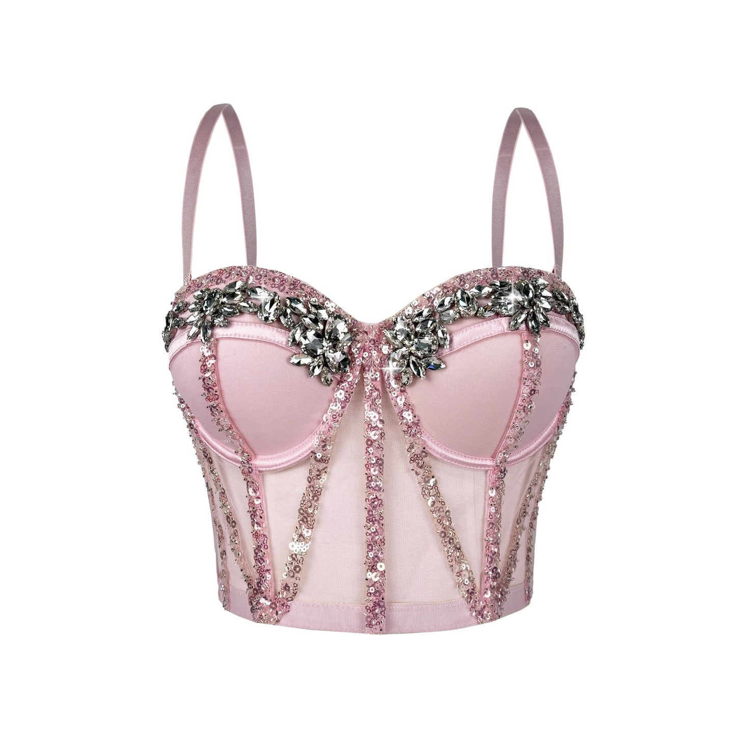 Cross-Border Rhinestone Mesh Fishbone Bra Semi-Transparent Sexy Slimming Suspender Tube Top Slimming  Diamond Fishbone Top Stage