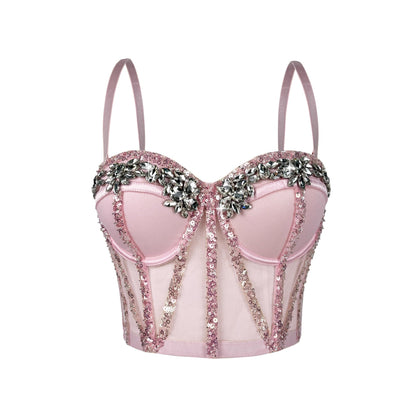 Cross-Border Rhinestone Mesh Fishbone Bra Semi-Transparent Sexy Slimming Suspender Tube Top Slimming  Diamond Fishbone Top Stage