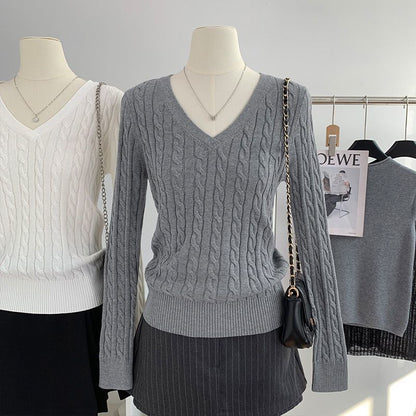 V-neck Sweater Womens Preppy-Style Long-Sleeve Minimalist Knit Top