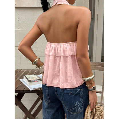 Elegant Solid-color Halter Top With Ruffled Trim For Women