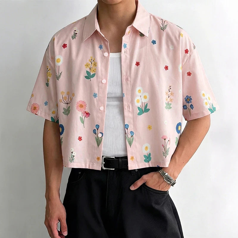 Mens Loose-fitting, Cropped, All-over Print Short-sleeve Shirt