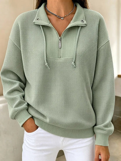Autumn Solid-Color Stand-Neck Zippered Long-Sleeve Patchwork Womens Sweatshirt