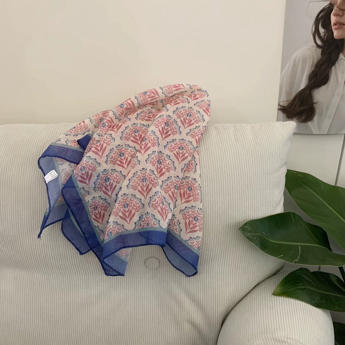 Korean-style Cashew Flower Cotton-Linen Square Scarf For Women