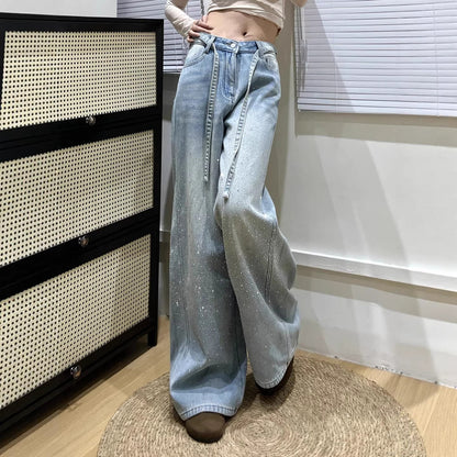 Babys-breath Hot-stone-embellished Wide-leg Denim Jeans For Women