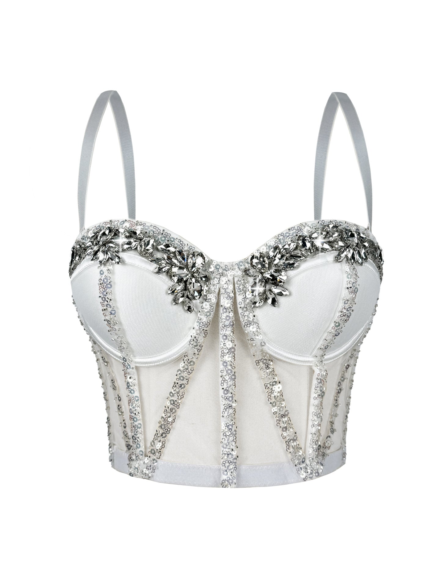 Cross-Border Rhinestone Mesh Fishbone Bra Semi-Transparent Sexy Slimming Suspender Tube Top Slimming  Diamond Fishbone Top Stage