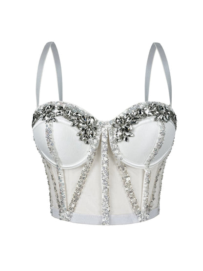 Cross-Border Rhinestone Mesh Fishbone Bra Semi-Transparent Sexy Slimming Suspender Tube Top Slimming  Diamond Fishbone Top Stage