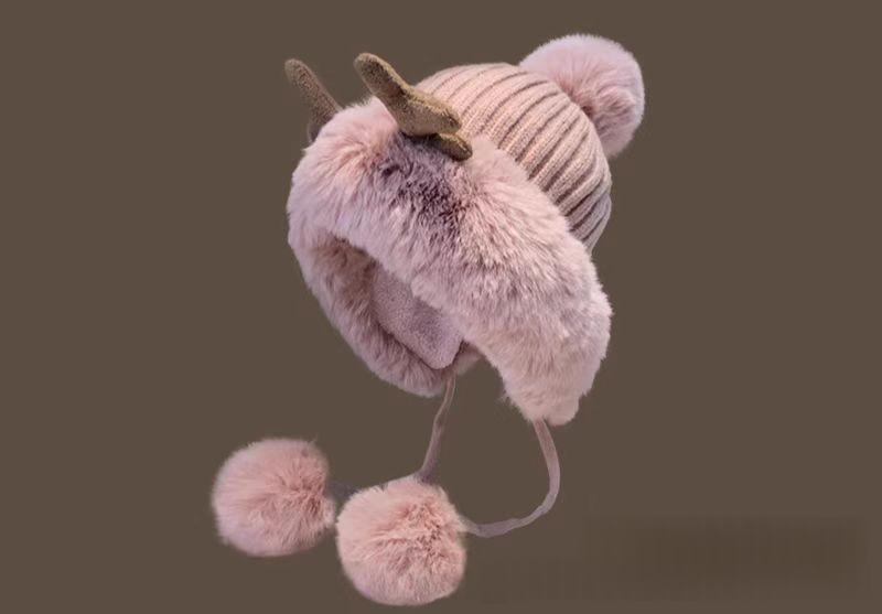 Womens Plush Antler Pom-Pom Christmas Hat