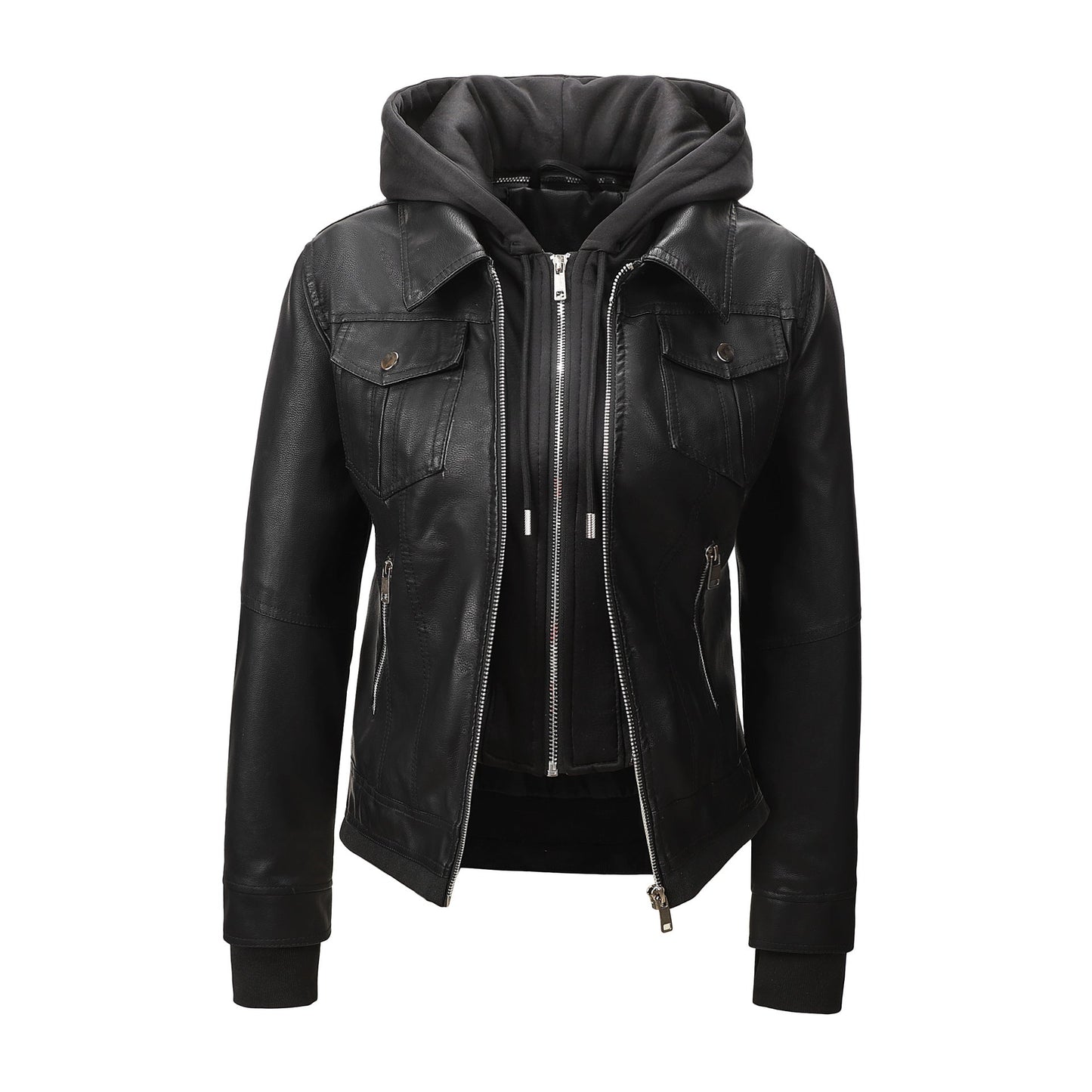 Detachable-hooded Biker Jacket Waist-cinching Faux-leather Coat That Flatters