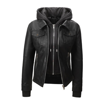 Detachable-hooded Biker Jacket Waist-cinching Faux-leather Coat That Flatters