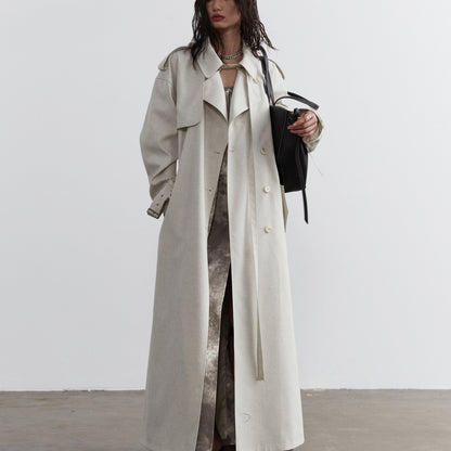Lime-white Bandage-decorated Unisex Long Trench Coat