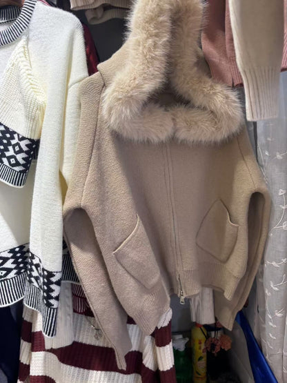 Thickened Hooded Large Fur Collar Knitted Women's Clothing Loose Casual Sweater