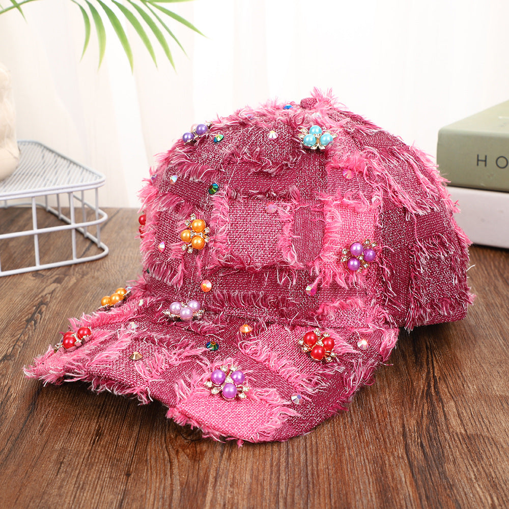 Korean-style Multi-color Fringed Checkered Baseball Cap With Rhinestones And Pearl Flowers, Casual Curved Brim Fedora Hat