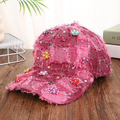 Korean-style Multi-color Fringed Checkered Baseball Cap With Rhinestones And Pearl Flowers, Casual Curved Brim Fedora Hat