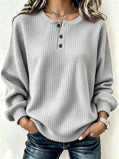 Womens Plaid Casual Loose-fit Crew-neck Long-sleeve Sweatshirt With Buttons