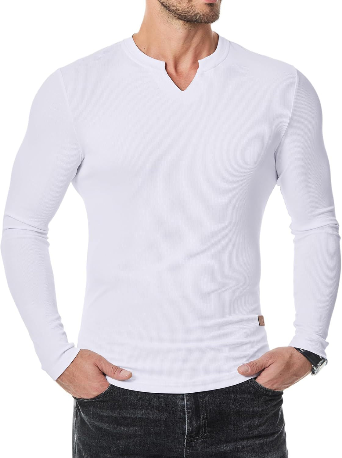 Cross-border Amazon New Foreign Trade Autumn And Winter Men's V-neck Pit T-shirt Solid Color Casual Fashion Men's Long Sleeve