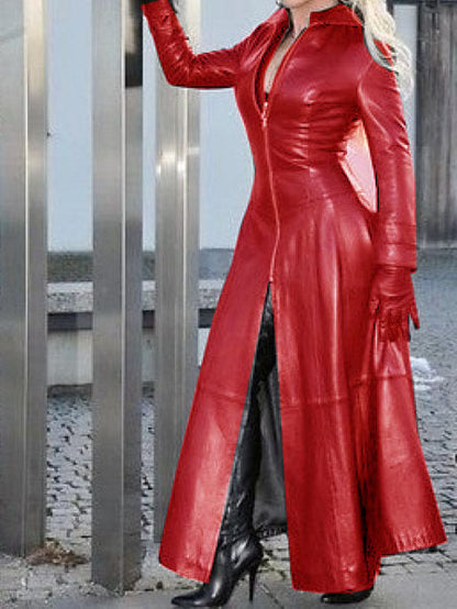 Women's Fashion Long Leather Coat With Stand Collar