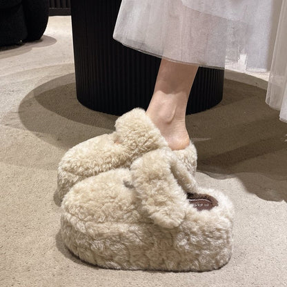 Women's Platform Closed Toe Furry Slippers For Outdoor Wear, 2026 Autumn Winter New Arrival, Fleece Lined Slip-On Height Increasing Cotton Slides For Petite Women