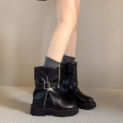 Women's Premium Denim Leather Boots, Wasteland Style Ankle Boots, New Ruched Belt Buckle Slouchy Pants Shaft Comfort Zip Boots