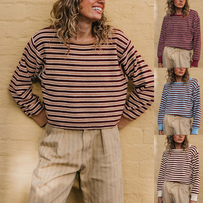 Womens Round-neck Knitted Striped Color-block Sweater