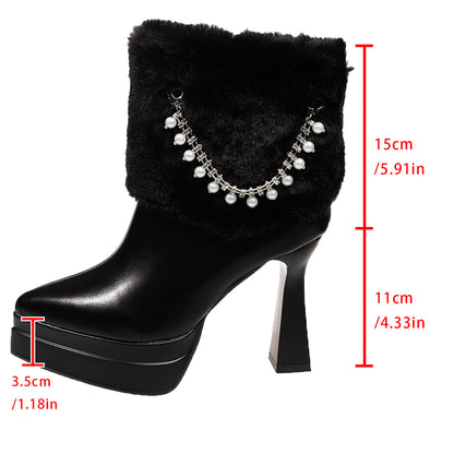 Winter Women Boots Rhinestone High Heel Shoes Fleece Lined Leather Shoes Women Shoes Genuine Leather Rabbit Fur Ankle Boots Ladies Leather Boots