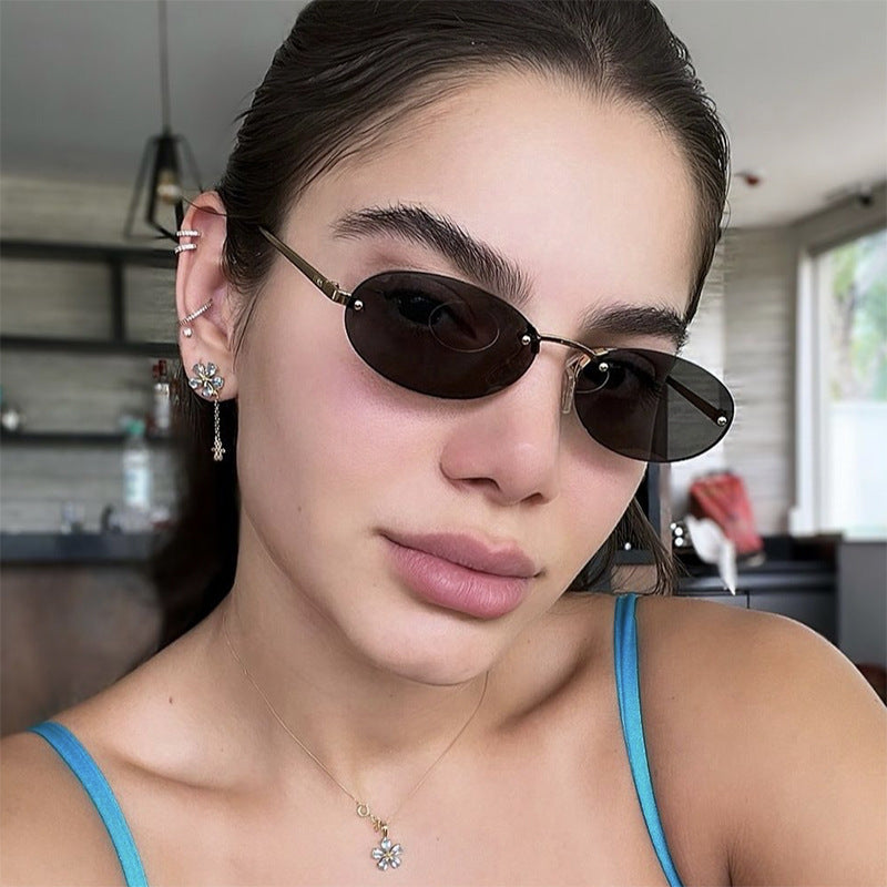 Oval Rimless Sunglasses With Rivets 2024 New Style