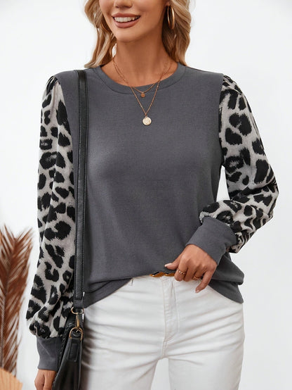 Fall  Winter New Arrival  Casual & Chic Leopard Print Long Sleeve Crew Neck Spliced T-Shirt Top
