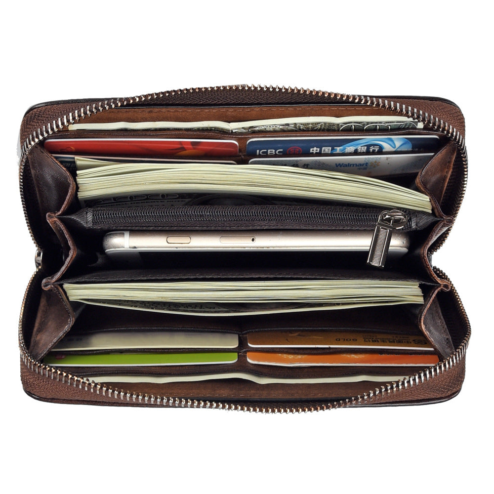 Full-Grain Leather Vintage Long Zipper Wallet