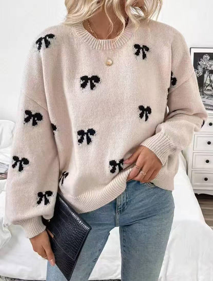 European And American Foreign Trade Amazon Bow Jacquard Sweater Clothes Autumn Women's Simple Design Women's Sweater
