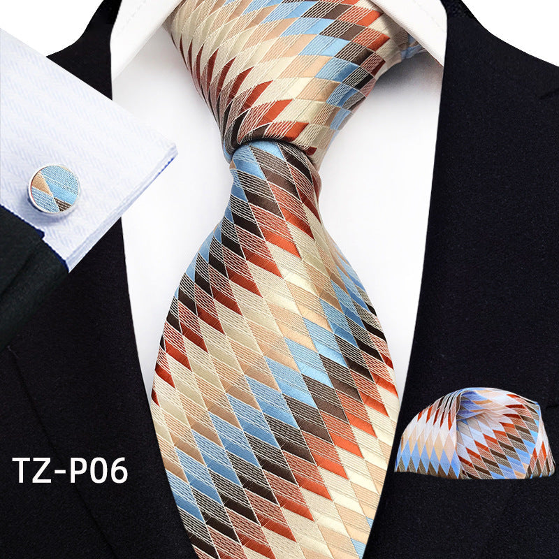 Mens Plaid Formal Tie Pocket Square And Cufflinks Three-Piece Set