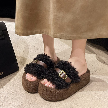 Women's Curly Fur Platform Furry Slippers, 2025 Autumn Winter New Arrival, Outdoor Korean Style Soft Sole Single Strap Cotton Slides
