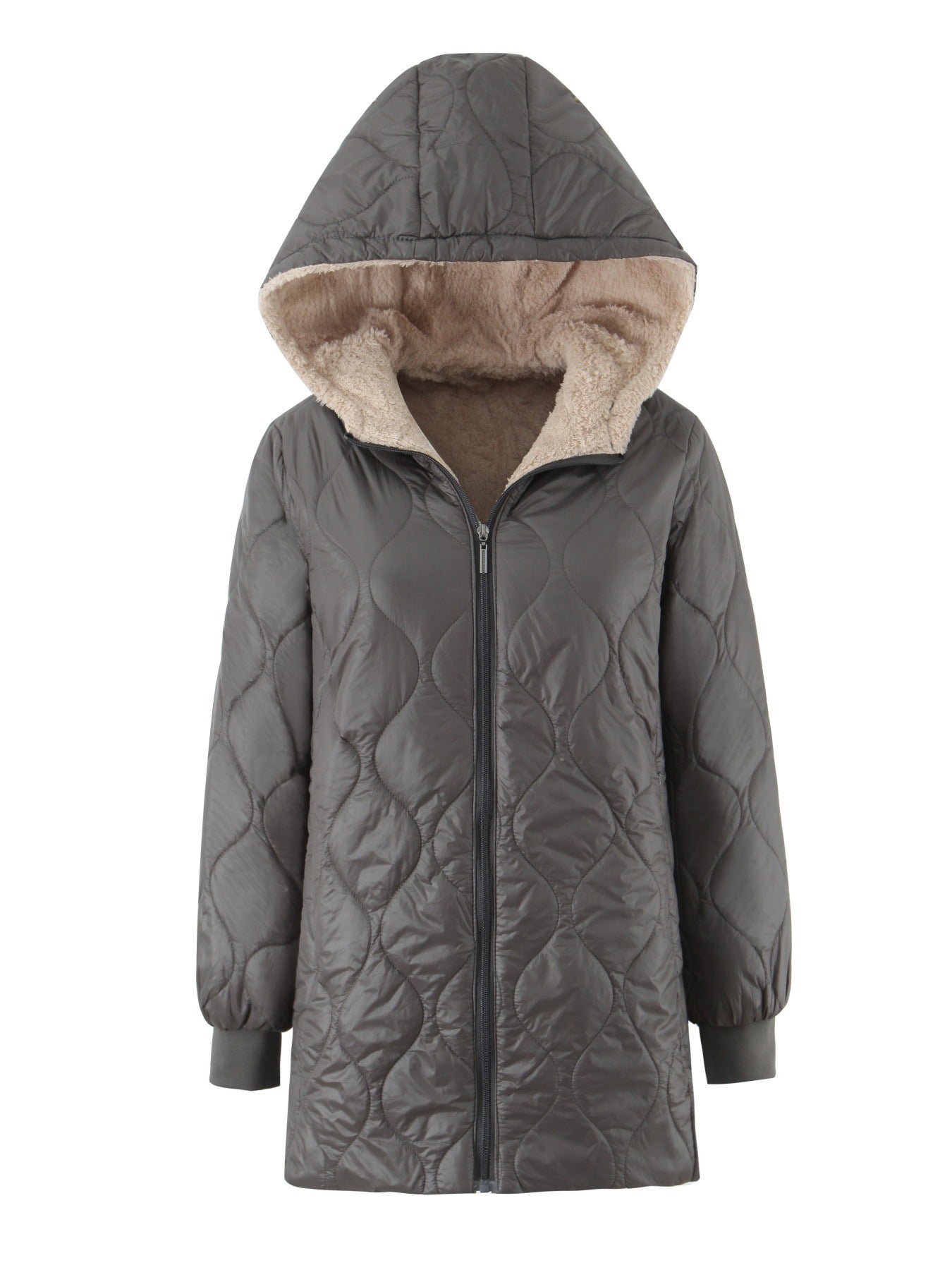 Womens Mid-Length Hooded Padded Coat With Fleece Lining