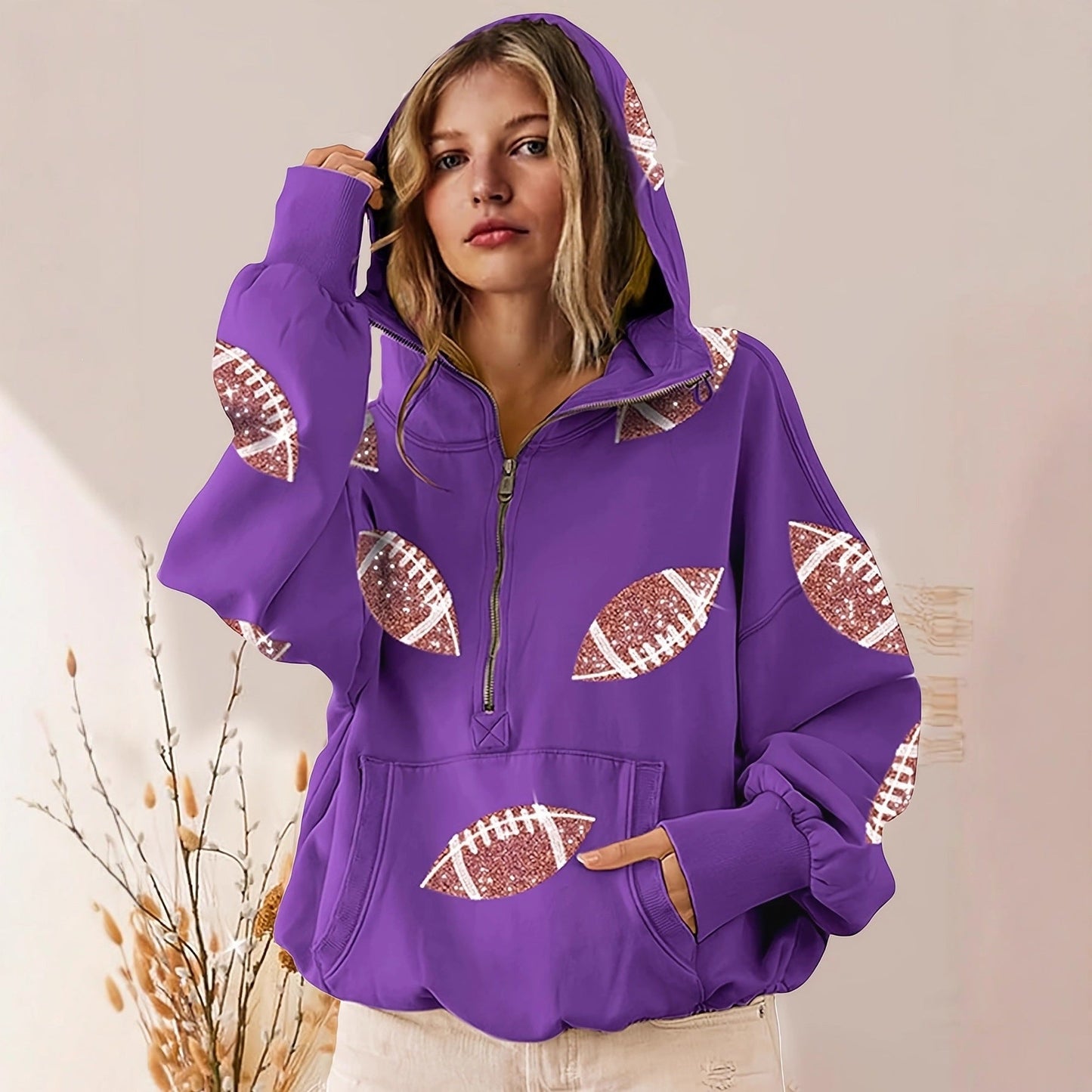 Football Digital Print Hoodie With Long Sleeves And A Zipper