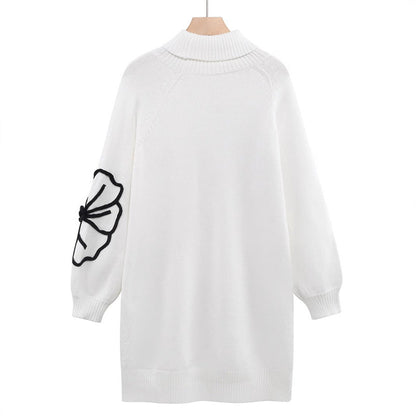 Elegant Oversied Long Sleeve Black Floral Outline Knit Dress For Autunm & Winter