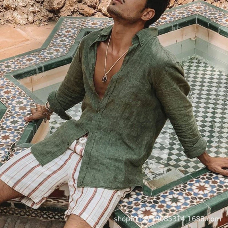 Foreign Trade Autum New Men's Pure Color European And American Loose Casual Lapel Long-Sleeved Cardigan Beach Shirt Men's Style