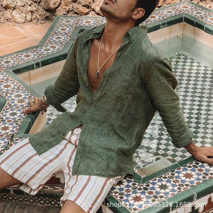 Foreign Trade Autum New Men's Pure Color European And American Loose Casual Lapel Long-Sleeved Cardigan Beach Shirt Men's Style
