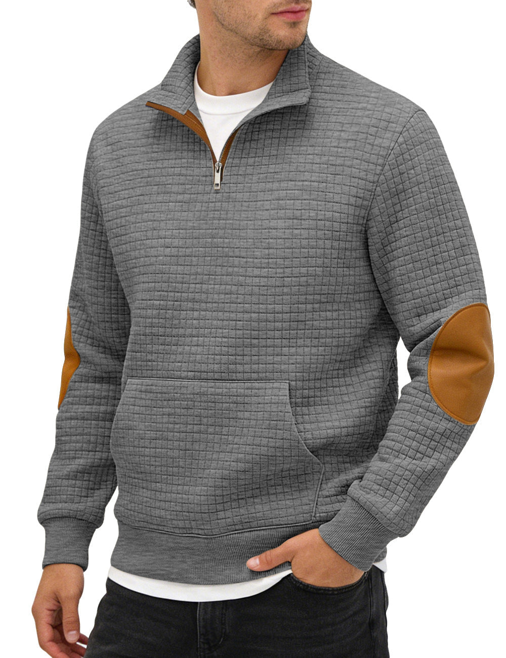 Cross-border Amazon Men's Autumn & Winter Half-Zip Suede Jacquard Small Check Long-Sleeve Stand Collar Casual Sweatshirt