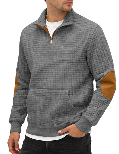 Cross-border Amazon Men's Autumn & Winter Half-Zip Suede Jacquard Small Check Long-Sleeve Stand Collar Casual Sweatshirt